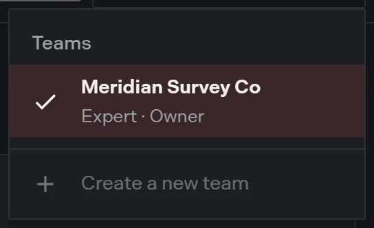 The space switcher menu listing teams with their plan and role