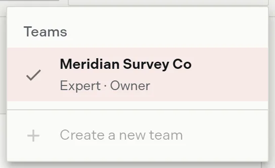The space switcher menu listing teams with their plan and role