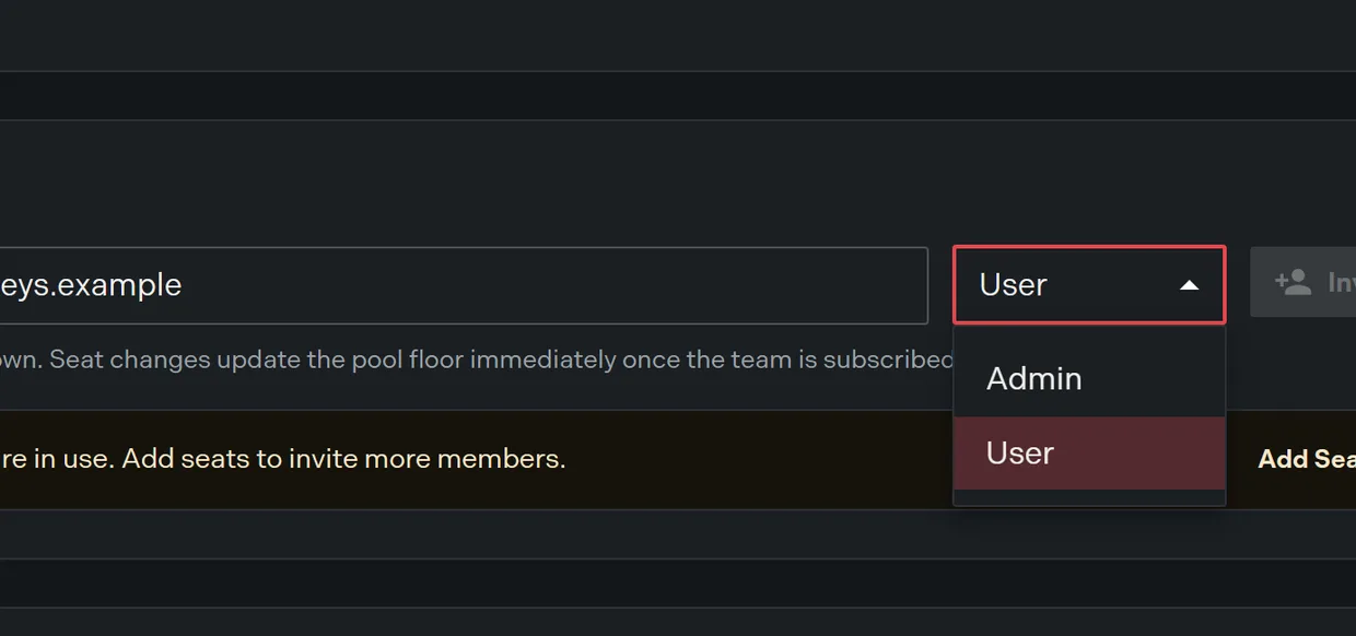 The invite a member form with the role select open on Admin and User