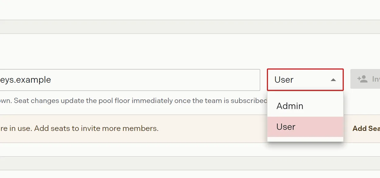 The invite a member form with the role select open on Admin and User