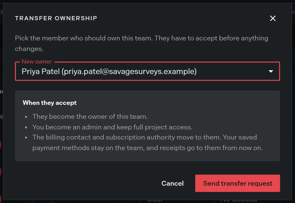 The transfer ownership dialog with a member selected and the consequences listed