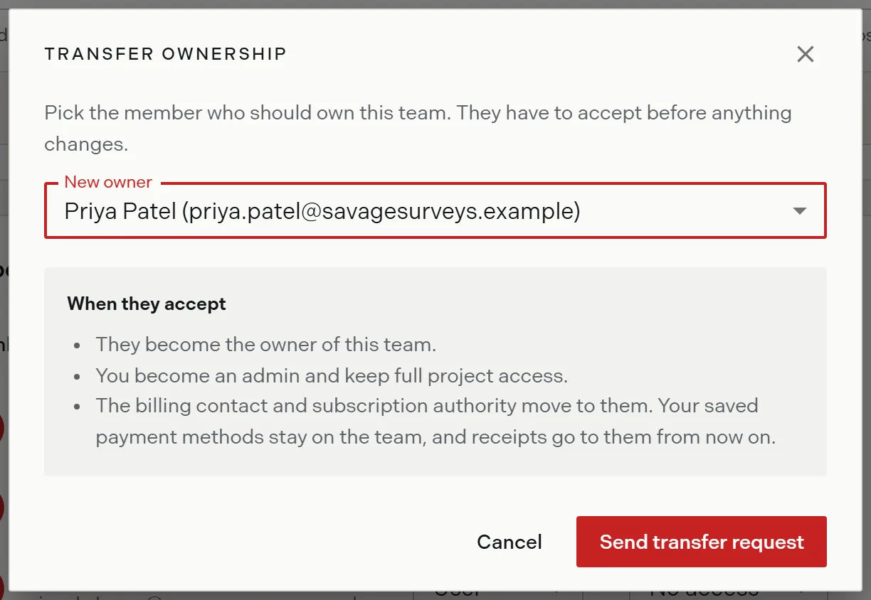 The transfer ownership dialog with a member selected and the consequences listed