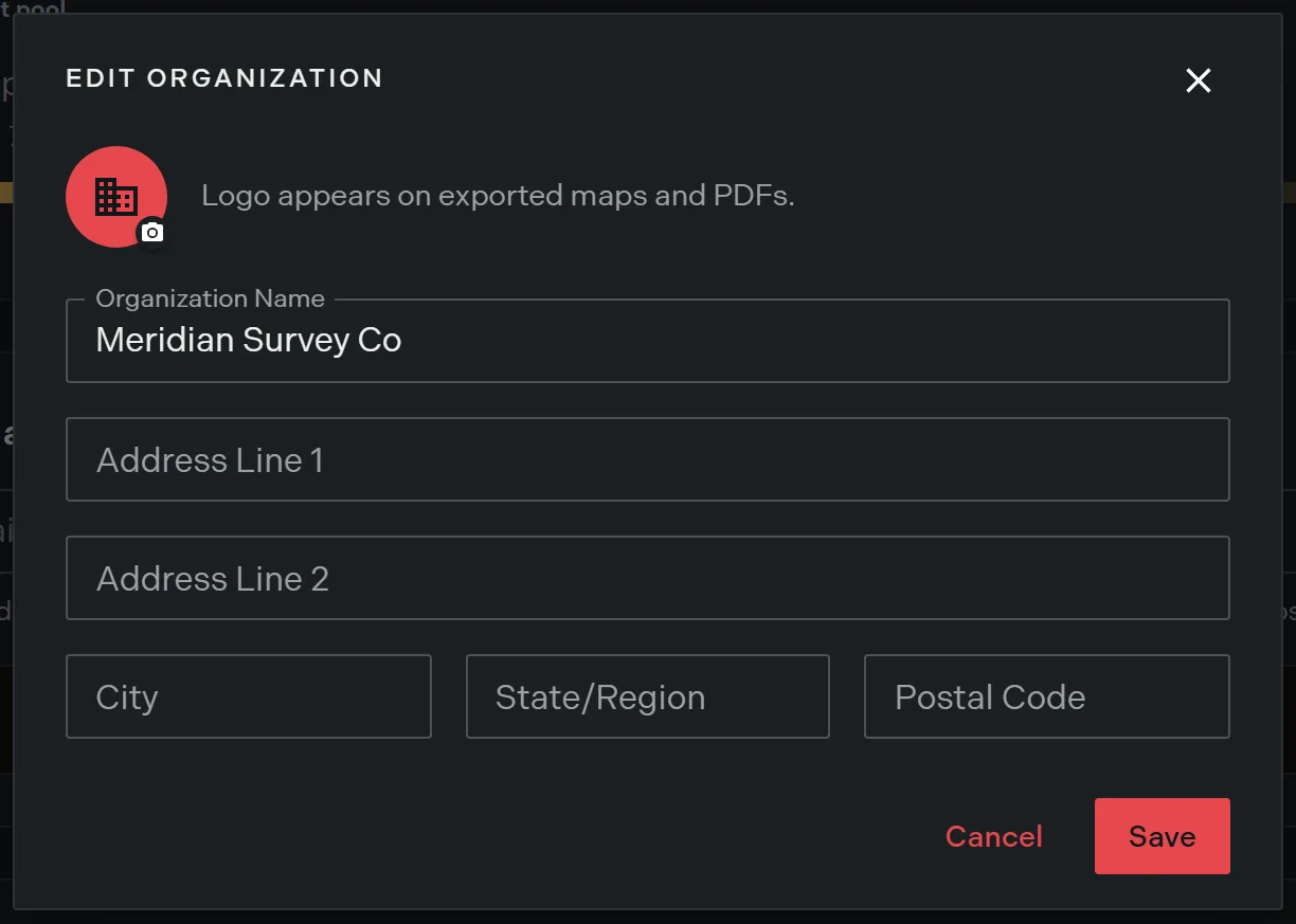 The edit organization dialog showing the logo avatar and the name and address fields