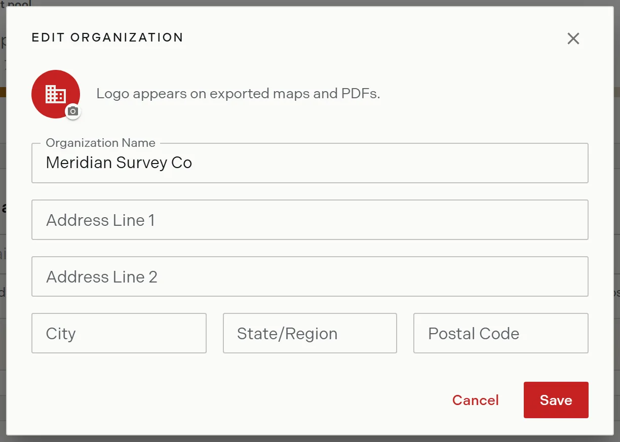 The edit organization dialog showing the logo avatar and the name and address fields