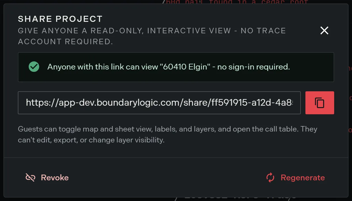 The share project dialog showing an active link with copy, regenerate and revoke actions