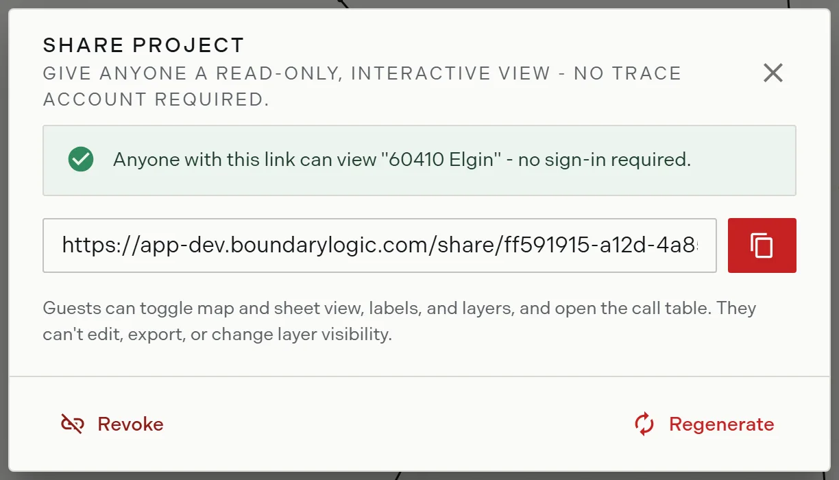 The share project dialog showing an active link with copy, regenerate and revoke actions