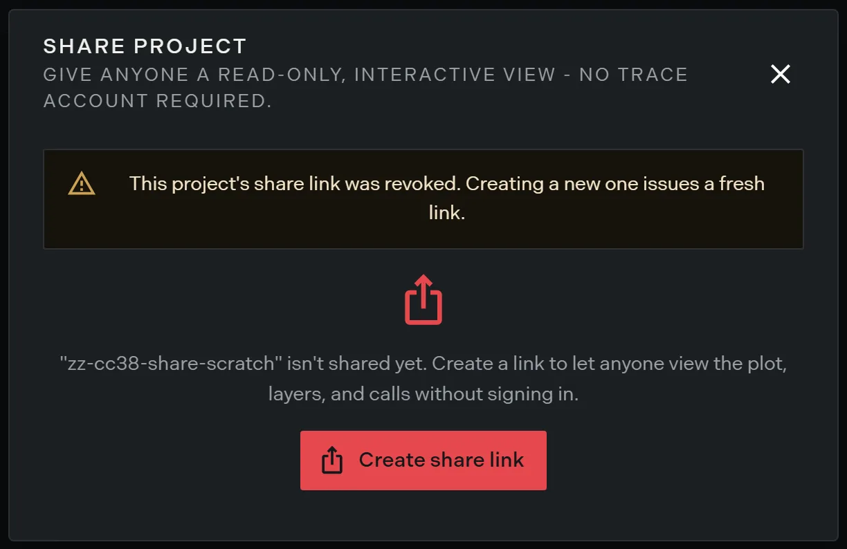 The share project dialog warning that the link was revoked, offering to create a new one