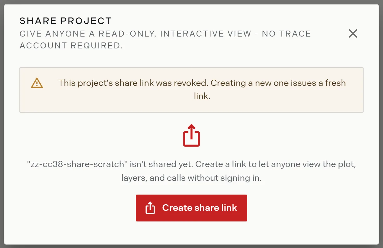 The share project dialog warning that the link was revoked, offering to create a new one