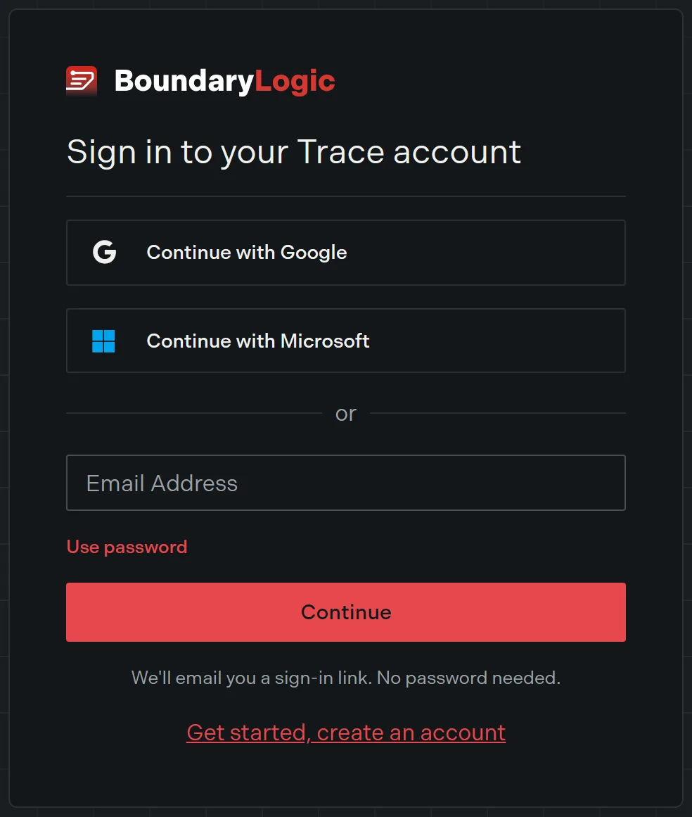 The Trace sign-in card with the Google and Microsoft buttons over the email field and Continue