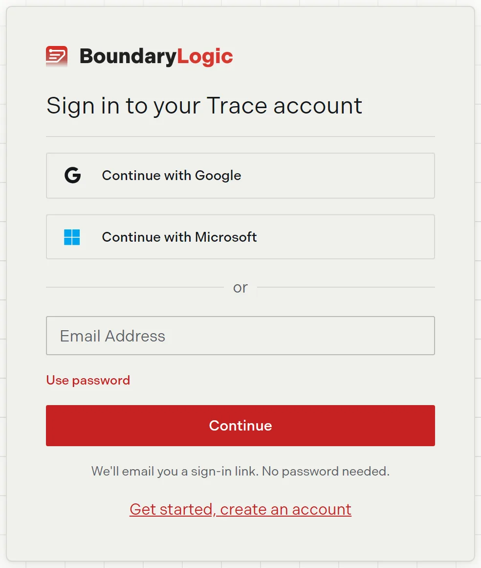 The Trace sign-in card with the Google and Microsoft buttons over the email field and Continue
