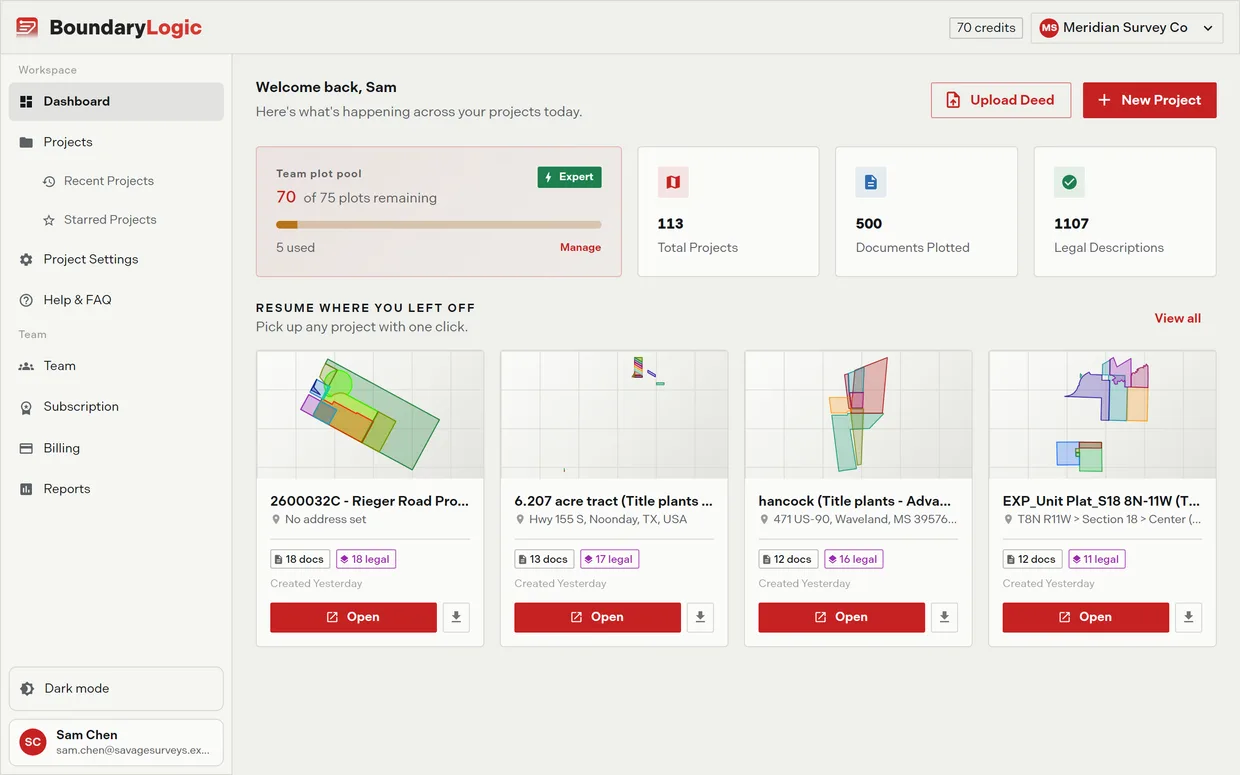 The Trace dashboard with the welcome header, the team plot pool card, the stat tiles, and recent project cards