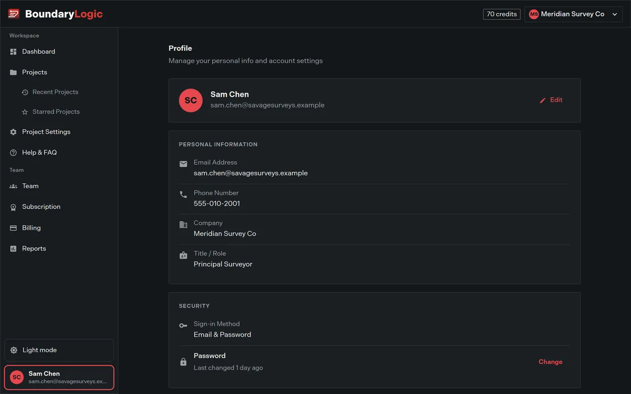 The Trace account page showing the profile summary, Personal Information, and Security cards