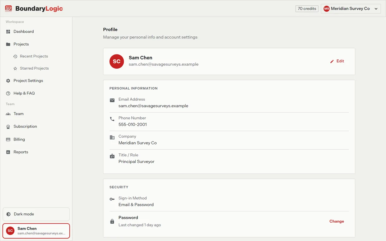 The Trace account page showing the profile summary, Personal Information, and Security cards