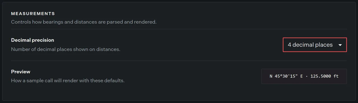 The Default Settings page showing decimal precision, the sample call preview, and the map mode cards