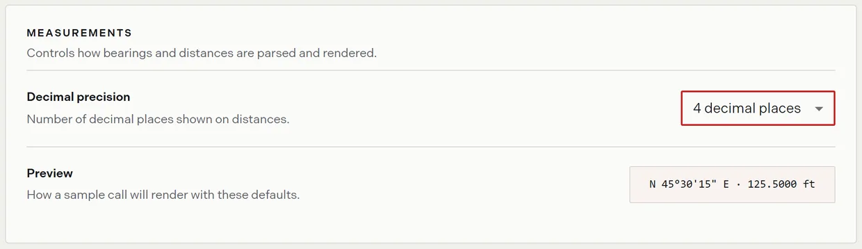 The Default Settings page showing decimal precision, the sample call preview, and the map mode cards