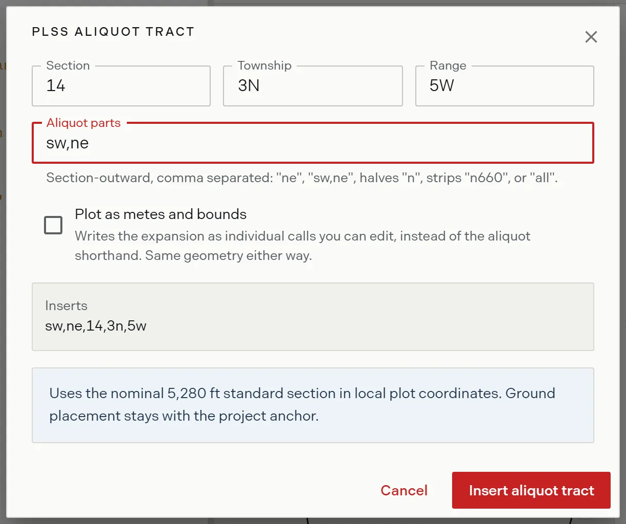 The PLSS aliquot form with a section, township, range and aliquot parts entered, showing the preview of the line to be inserted and the standard section caveat