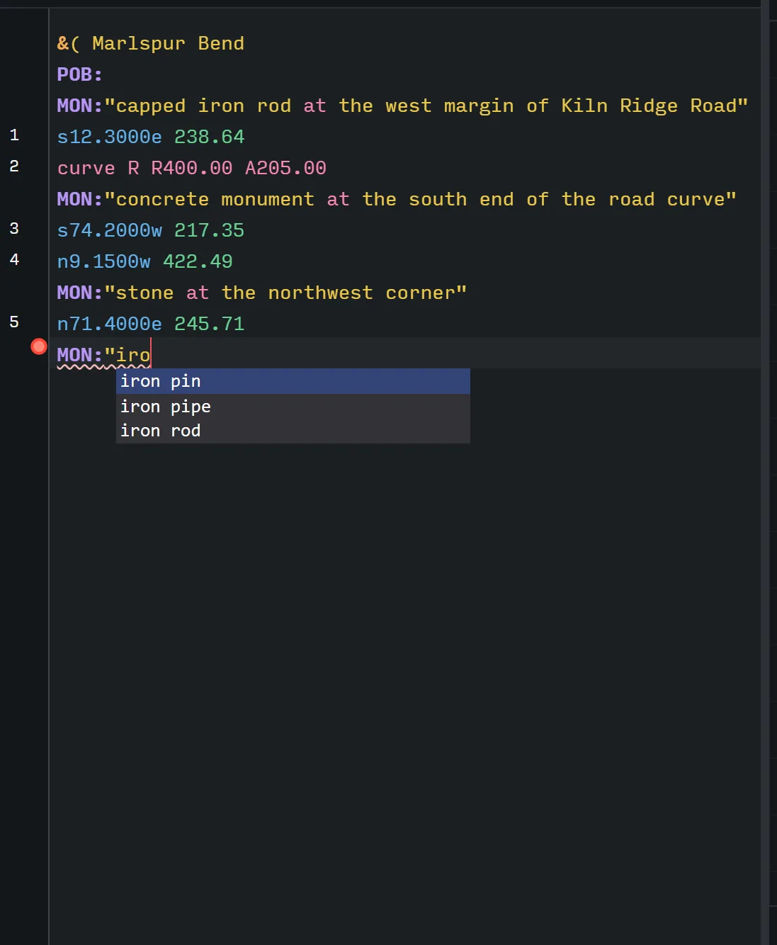 The deed editor with a monument string open and the completion list offering the standard monument keywords