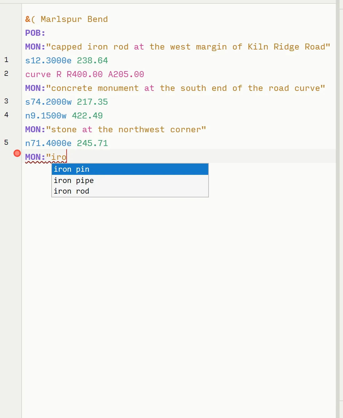 The deed editor with a monument string open and the completion list offering the standard monument keywords