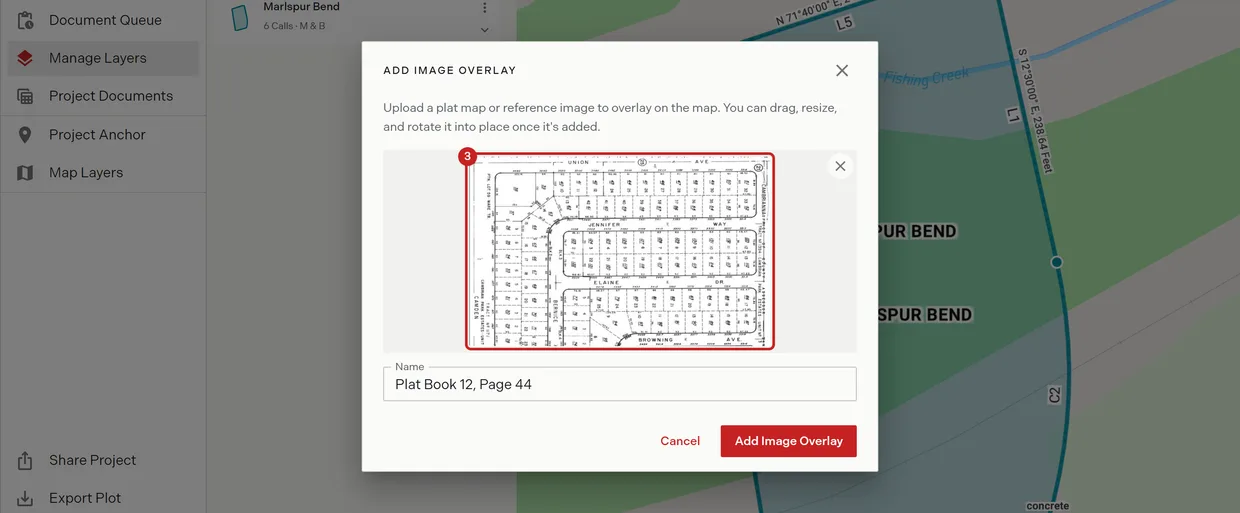 Step 3: the Add Image Overlay dialog with a recorded subdivision plat chosen and previewed, a remove control at the top right of the preview