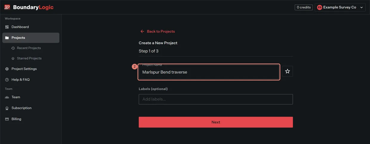 Step 2: the Project Name field on step 1 of the create project wizard, filled in, with the wizard's step rail visible