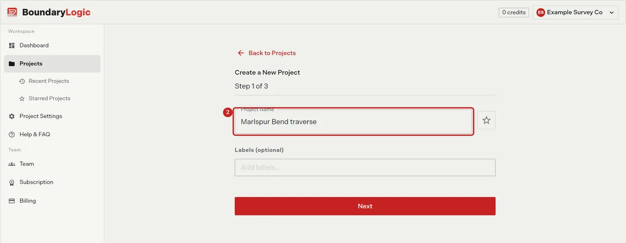 Step 2: the Project Name field on step 1 of the create project wizard, filled in, with the wizard's step rail visible