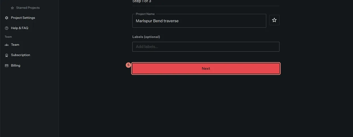 Step 5: the Next button at the foot of the create project wizard, available once the project has a name