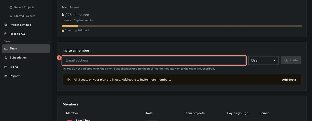 Step 3: the invite field on the Team page, with the members table below it