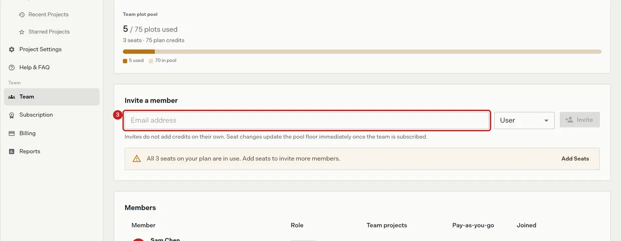 Step 3: the invite field on the Team page, with the members table below it