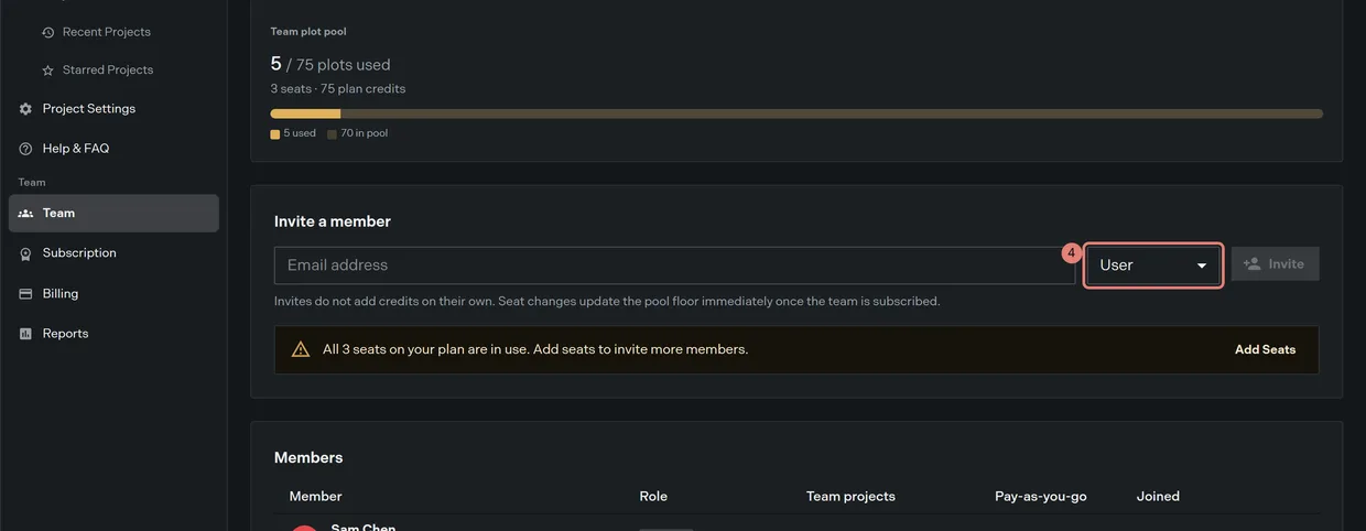 Step 4: the role select beside the invite field, which offers Admin and User but never Owner