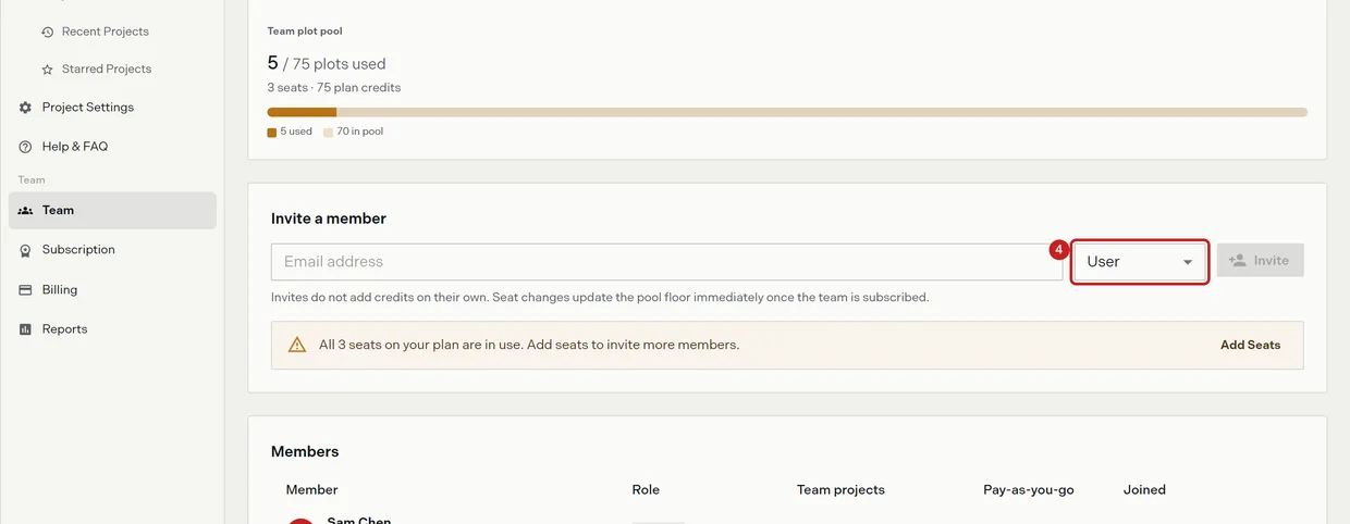 Step 4: the role select beside the invite field, which offers Admin and User but never Owner