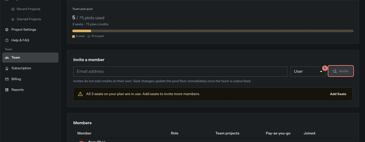 Step 5: the Invite button on the Team page, which sends the invitation