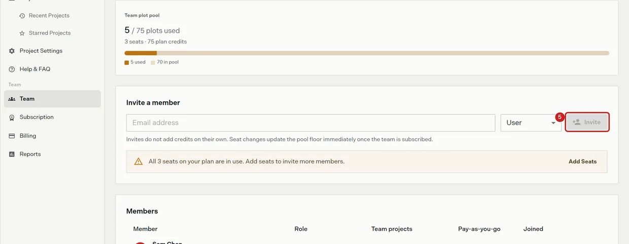Step 5: the Invite button on the Team page, which sends the invitation