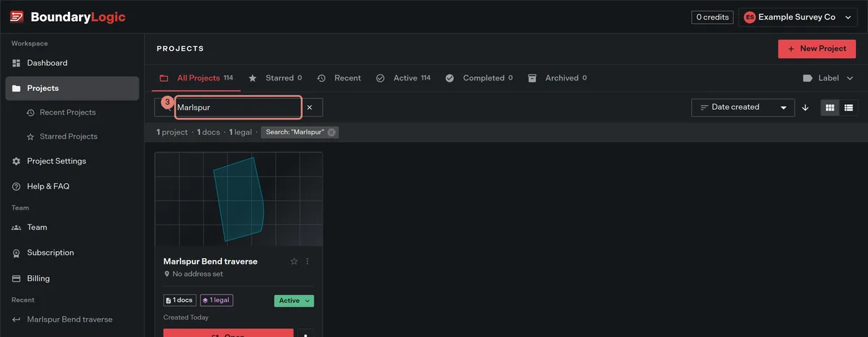 Step 3: the Search projects field with a term typed, and the filtered list and totals bar beneath it