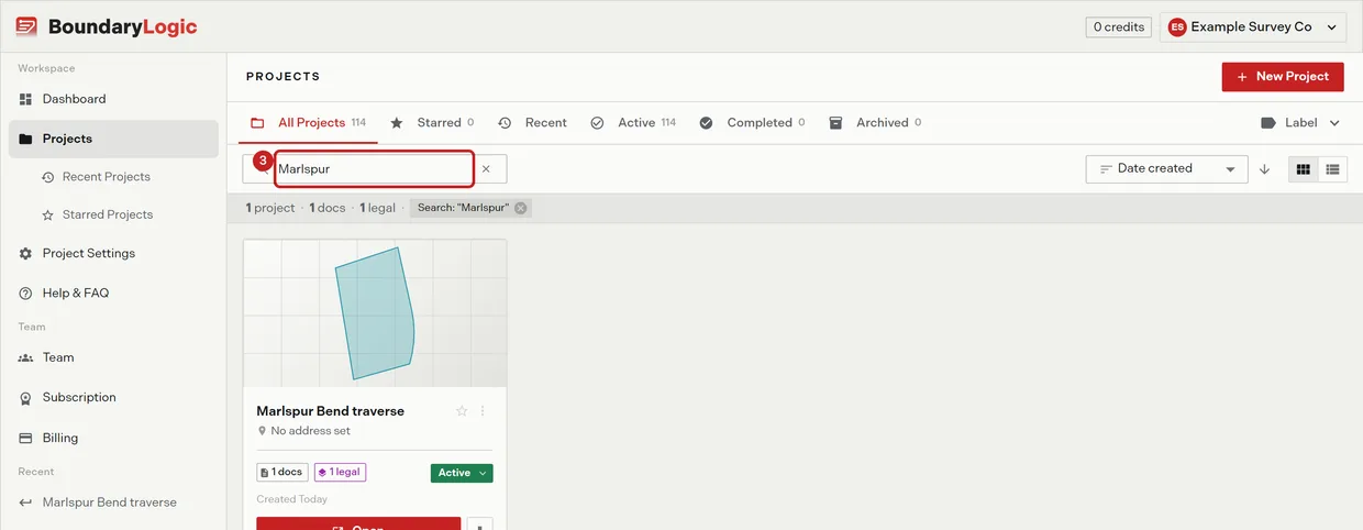 Step 3: the Search projects field with a term typed, and the filtered list and totals bar beneath it