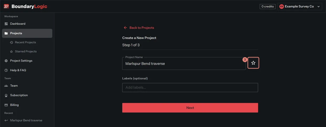 Step 3: the star and the Labels field on step 1 of the create project wizard, both optional