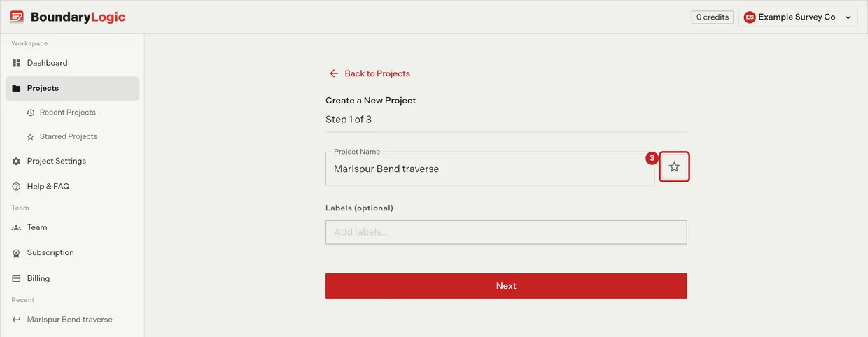 Step 3: the star and the Labels field on step 1 of the create project wizard, both optional