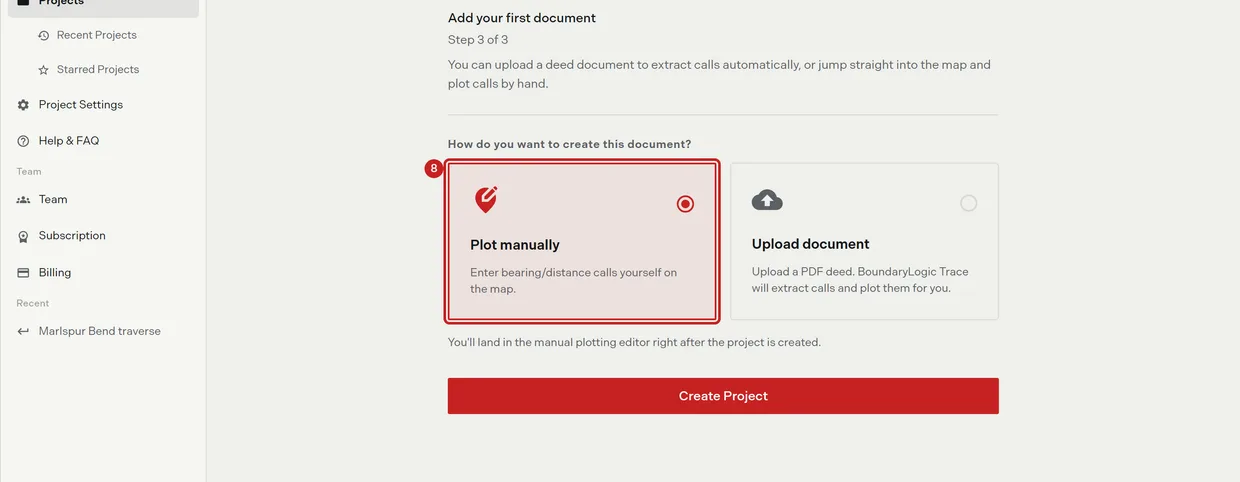 Step 1 of the documents step: the Plot manually choice, which opens the manual plotting workspace on a starter document