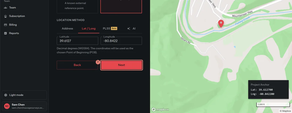 The Next button on the anchor step, now available because the method has yielded valid coordinates