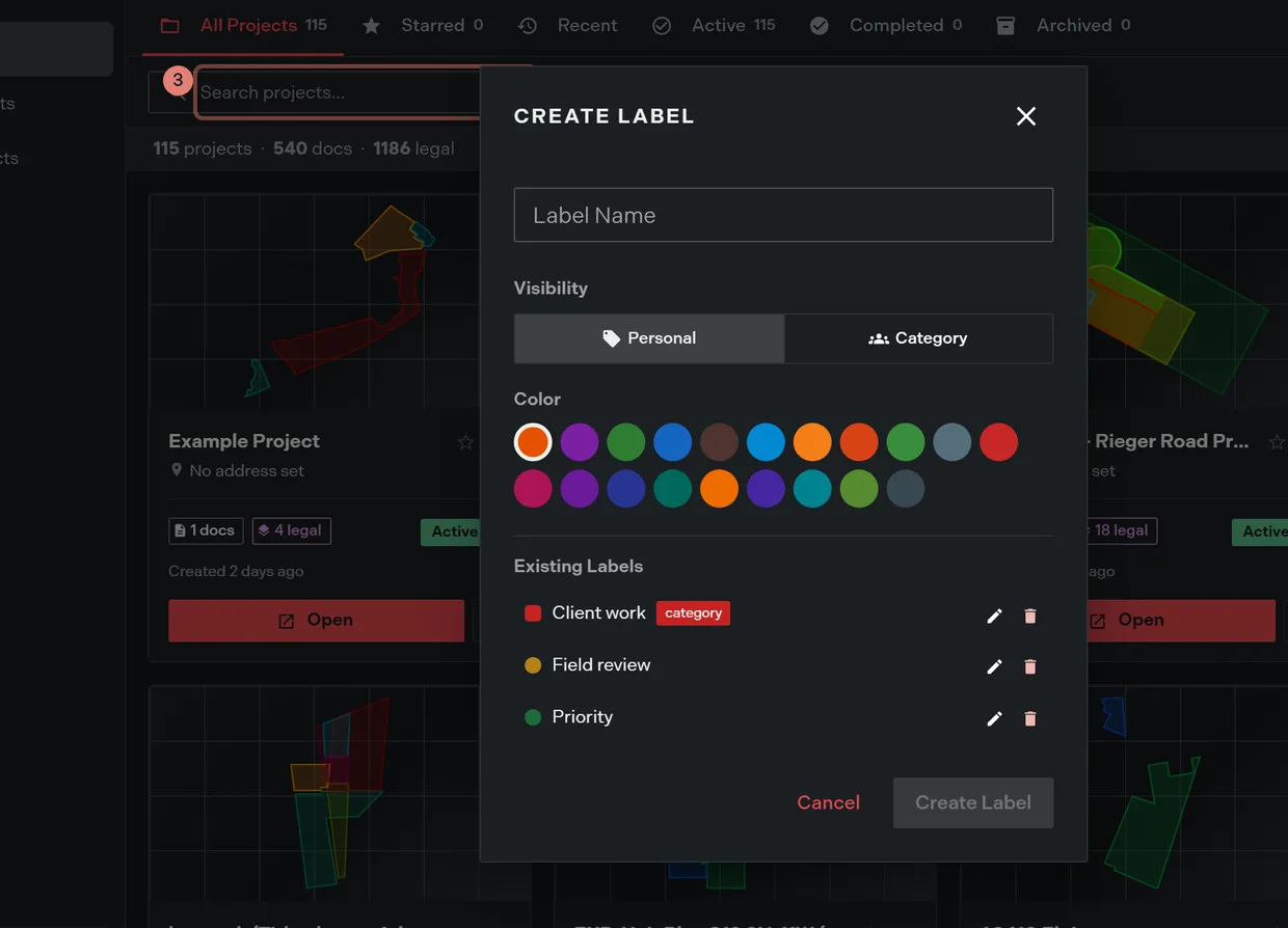 The new label dialog with its name field and the palette of twenty colours