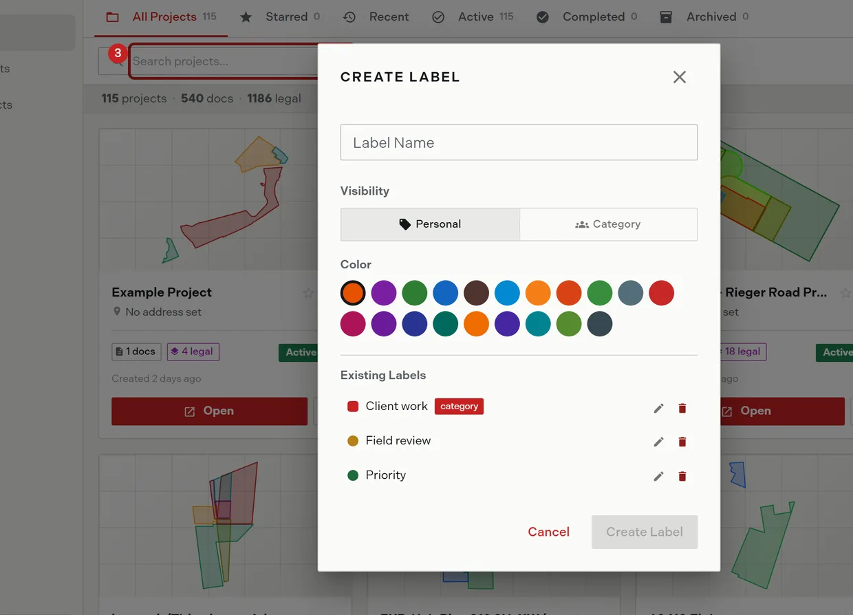 The new label dialog with its name field and the palette of twenty colours