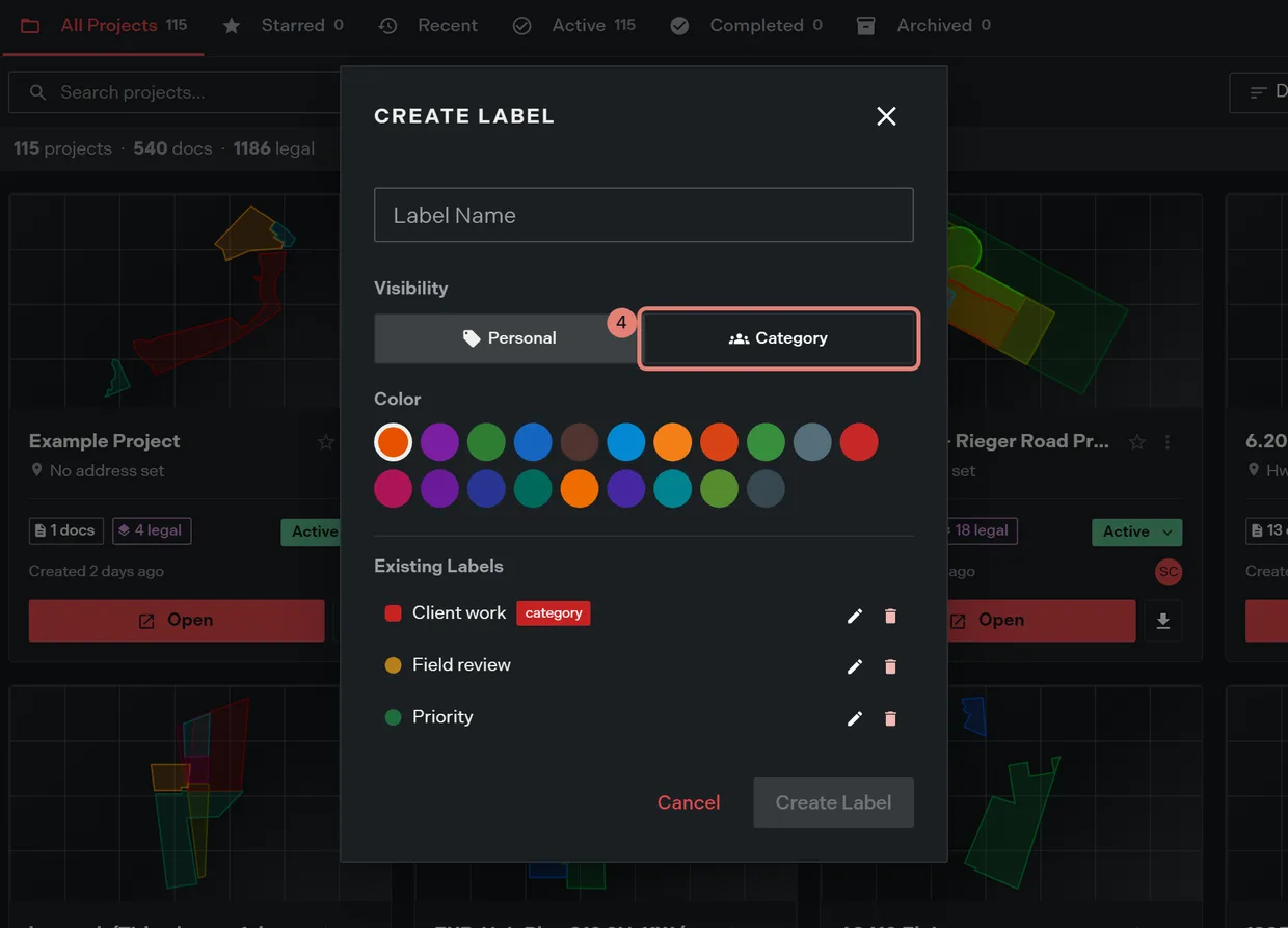 The Personal and Category choice in the new label dialog, which decides whether the label is yours or the team's