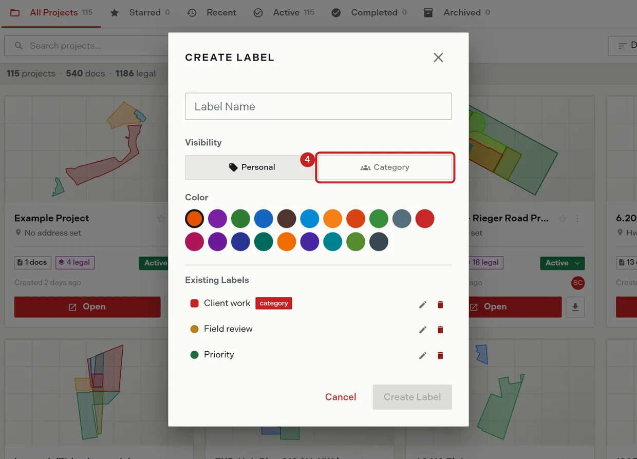 The Personal and Category choice in the new label dialog, which decides whether the label is yours or the team's
