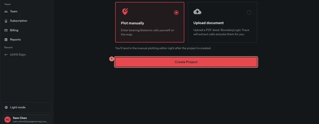 The Create Project button at the foot of the last wizard step, with Plot manually chosen above it