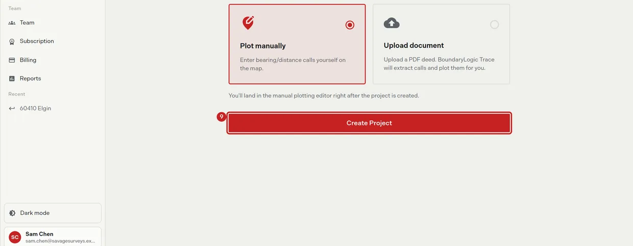 The Create Project button at the foot of the last wizard step, with Plot manually chosen above it