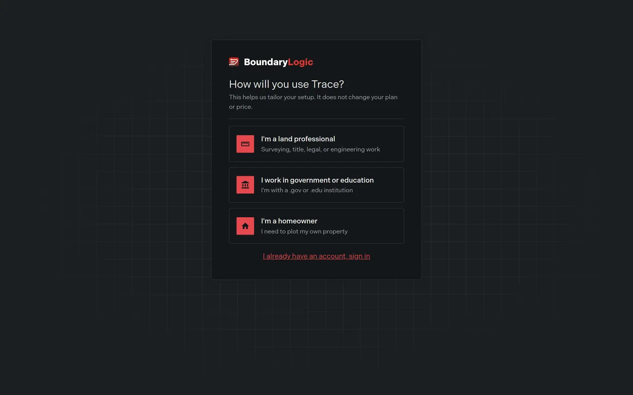 The full signup page asking how you will use Trace, with the three audience cards
