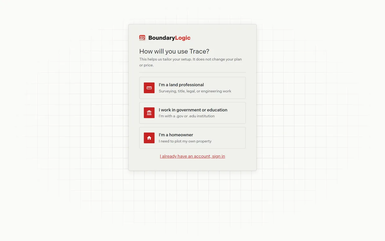The full signup page asking how you will use Trace, with the three audience cards