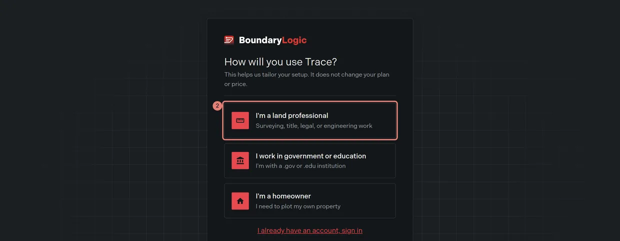 Step 2: the audience cards, with the land professional card outlined