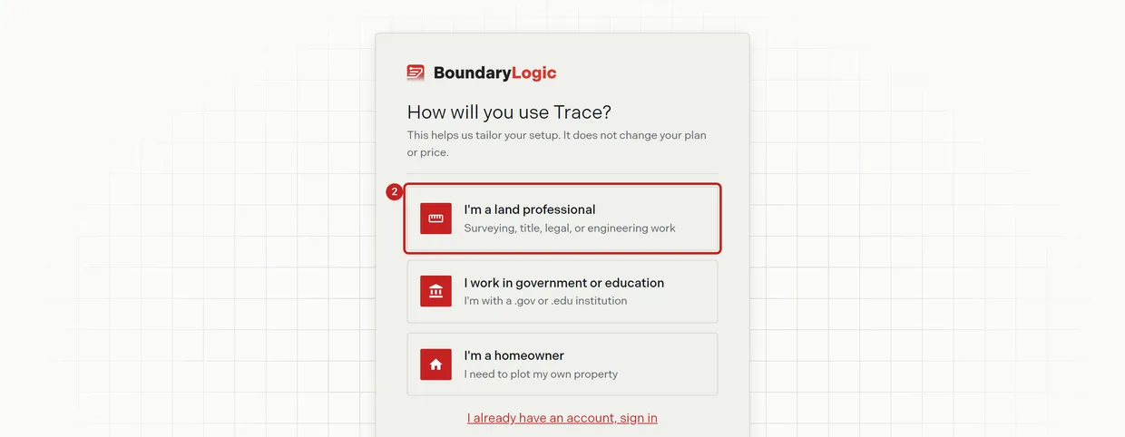 Step 2: the audience cards, with the land professional card outlined