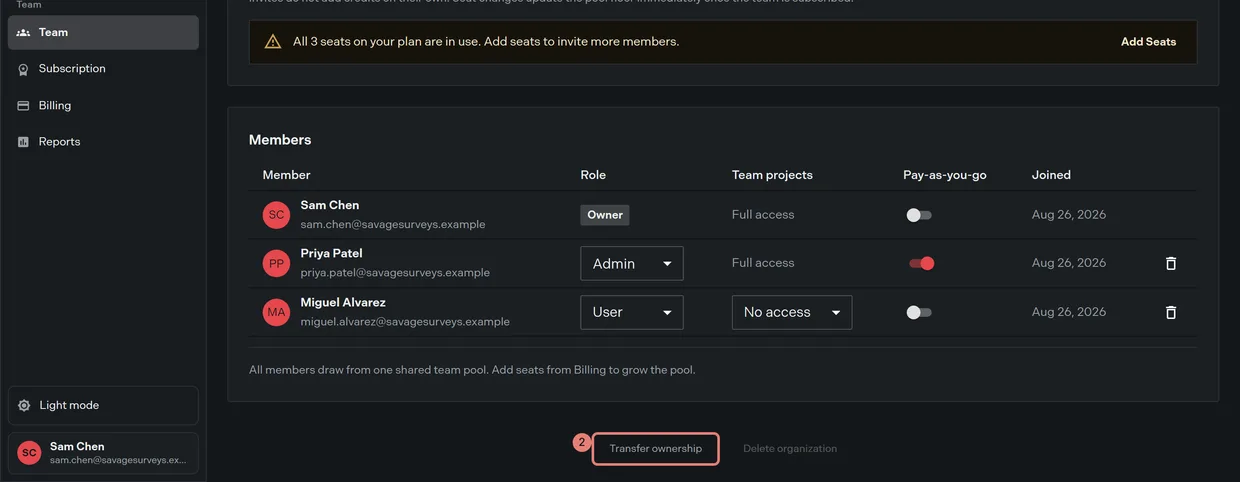 Step 2: the Transfer ownership link at the foot of the Team page, which only the owner sees