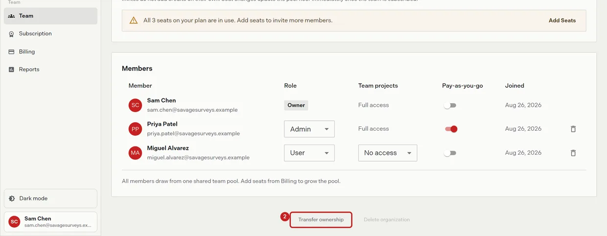 Step 2: the Transfer ownership link at the foot of the Team page, which only the owner sees